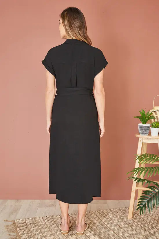 Yumi Black Viscose Linen Look Midi Shirt Dress With Wooden Belt Yumi