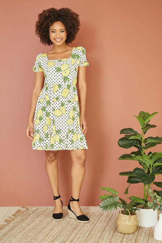Mela White Viscose Lemon Print Skater Dress With Balloon Sleeves Mela
