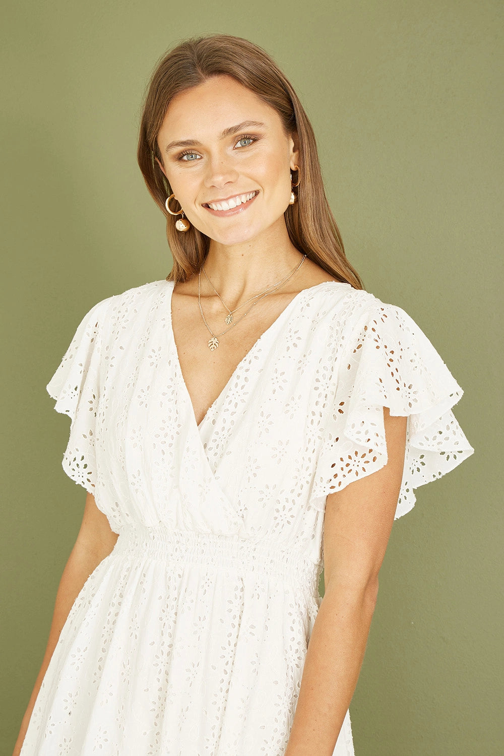 Yumi White Cotton Broderie Anglaise Wrap Midi Dress Yumi