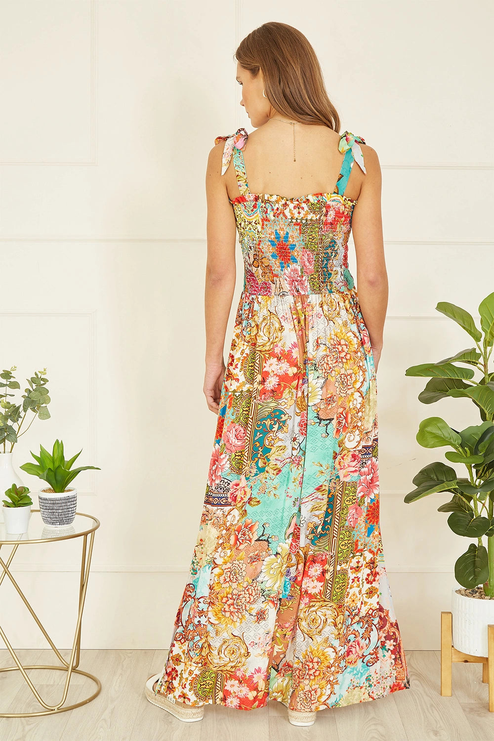 Yumi Multicolour Patchwork Split Hem Maxi Dress With Tie Straps Yumi