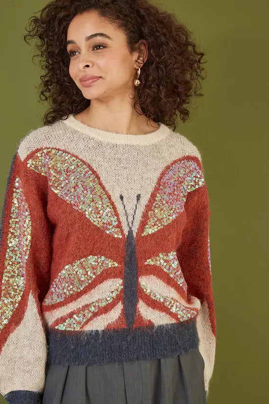Yumi Cream Butterfly Sequin Knitted Jumper Yumi