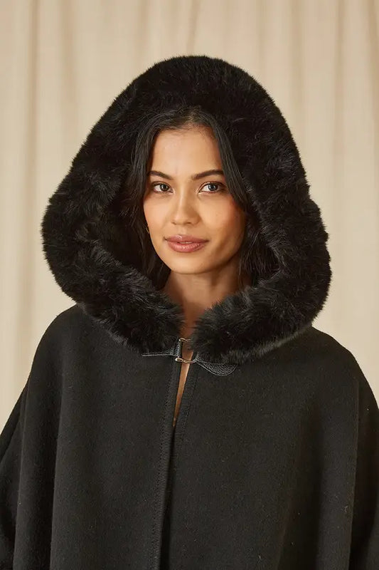 Yumi Black Cape With Luxe Fur Trim And Lining Yumi