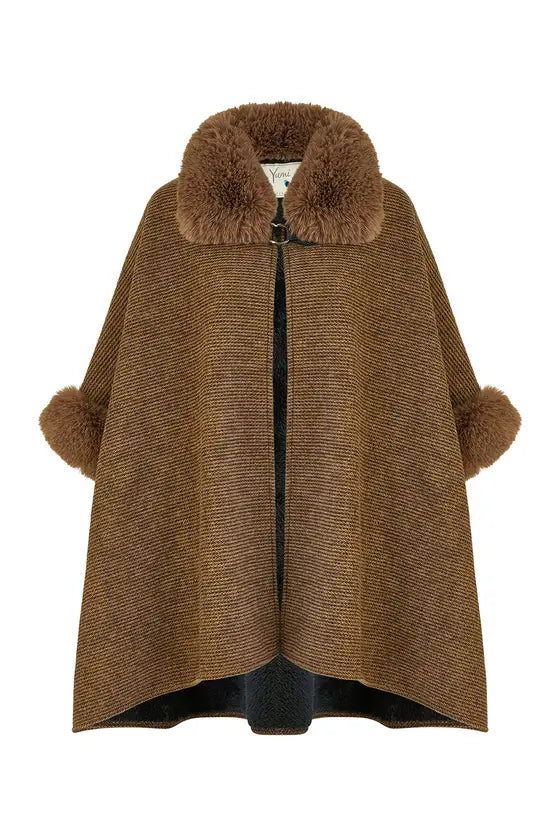 Yumi Brown Cape With Luxe Fur Trim And Lining Yumi