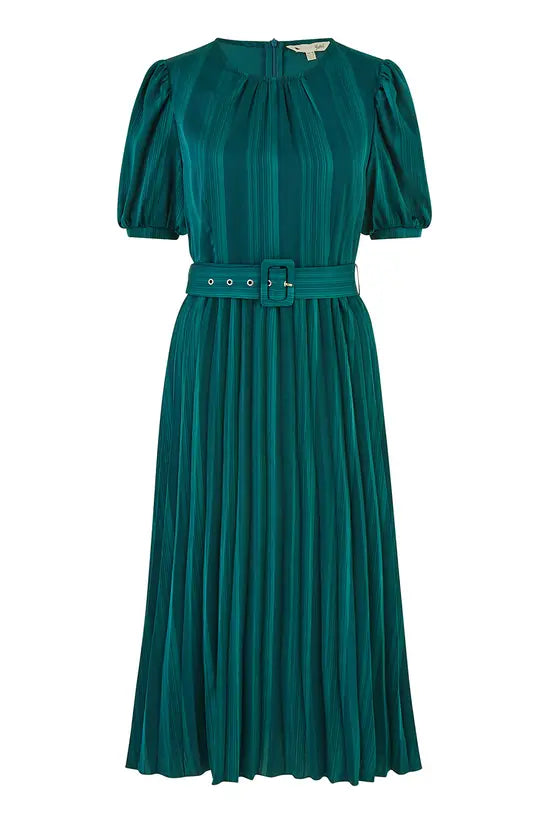 Yumi Green Satin Striped Midi Dress With Pleats and Matching Belt Yumi