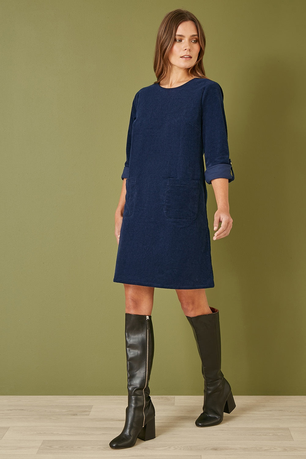 Yumi Navy Cord Tunic Dress With 3/4 Sleeves And Pockets Yumi