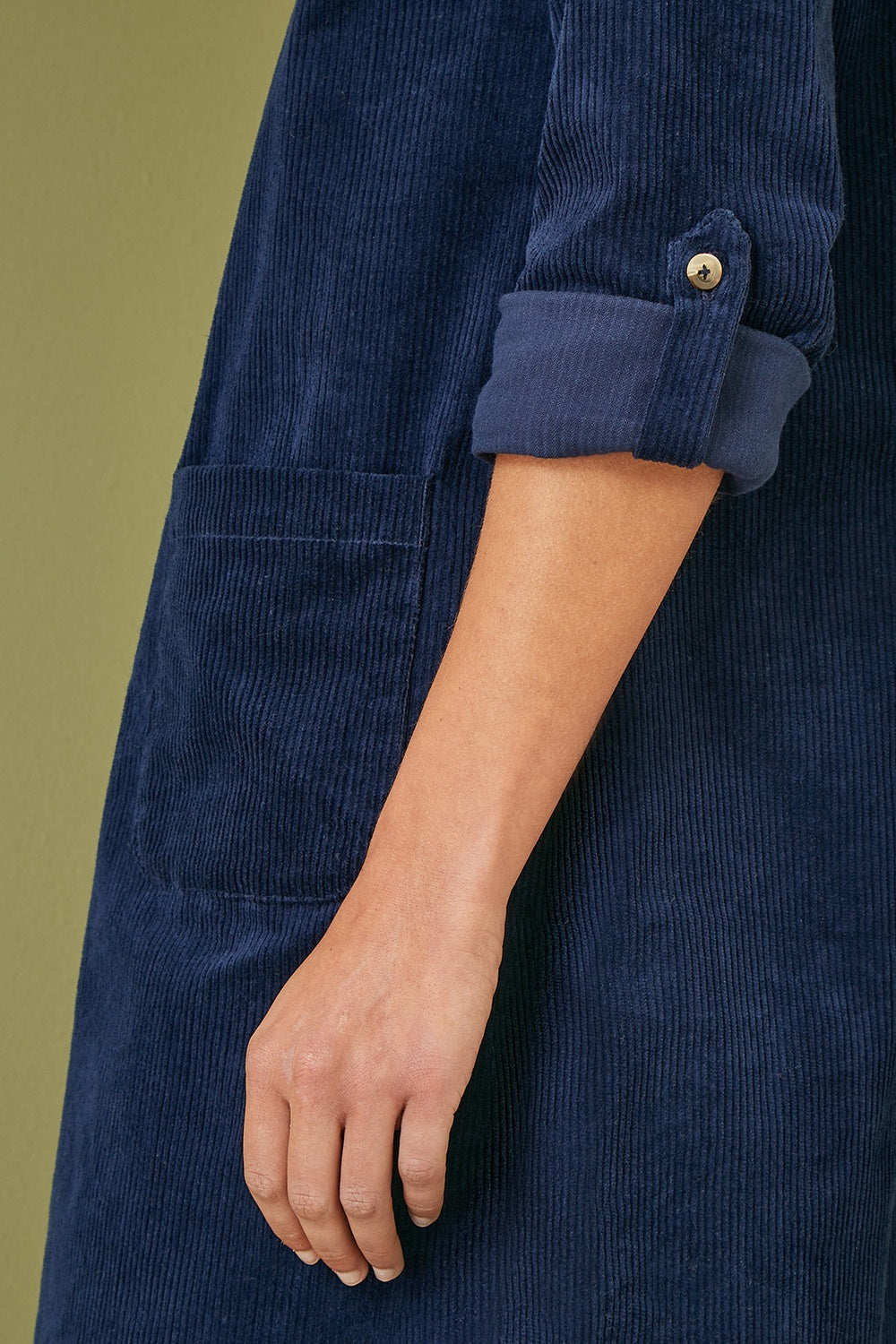 Yumi Navy Cord Tunic Dress With 3/4 Sleeves And Pockets Yumi