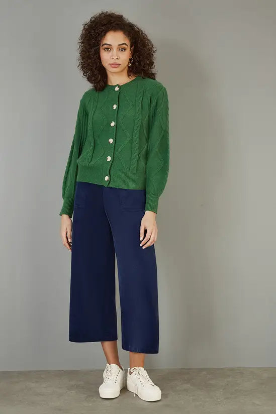 Yumi Navy Cord Cropped Wide Leg Trousers With Pockets Yumi
