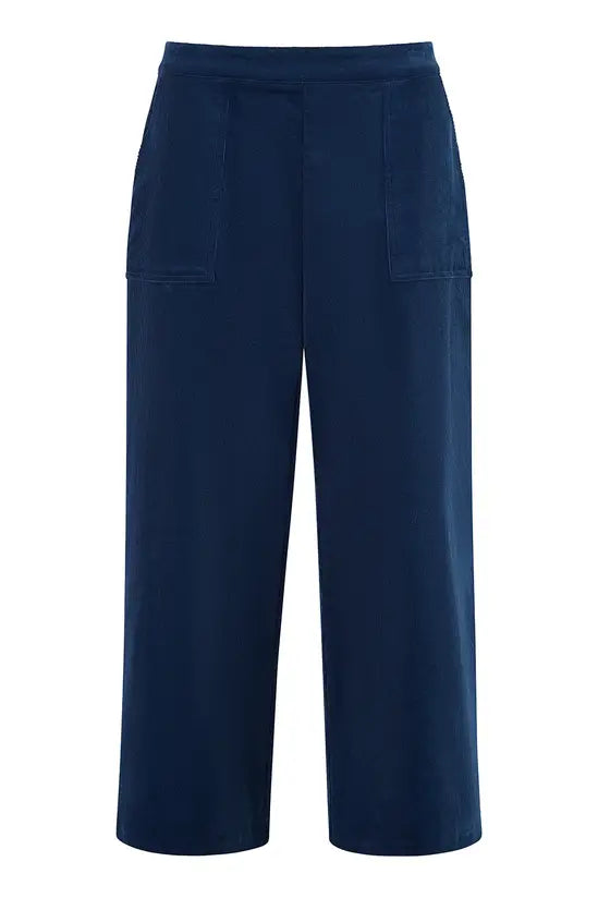 Yumi Navy Cord Cropped Wide Leg Trousers With Pockets Yumi