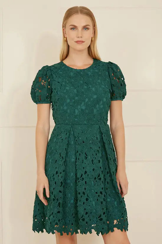 Yumi Green Lace Skater Dress With Puff Sleeves Yumi