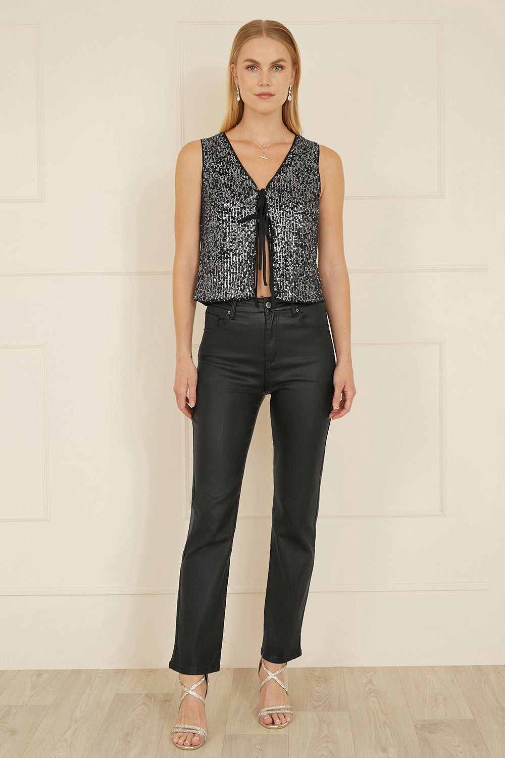 Yumi Black Sequin Tie Front Waistcoat Yumi