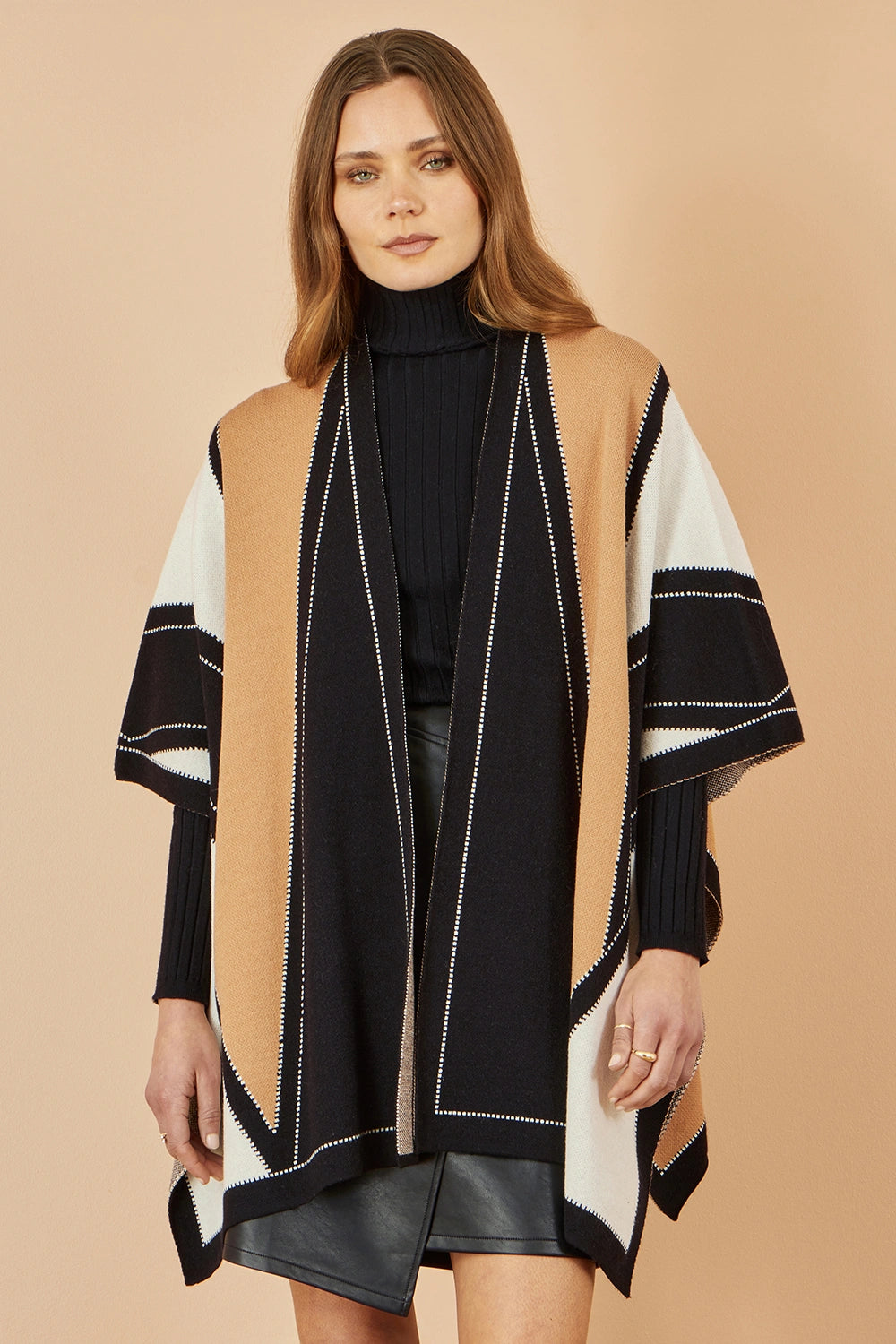 Yumi Brown Colour Block Cape Knit Cardigan Yumi