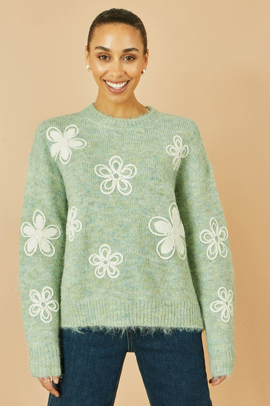 Yumi Green Relaxed Knitted Jumper With Crochet Flowers Knit Jumper Yumi