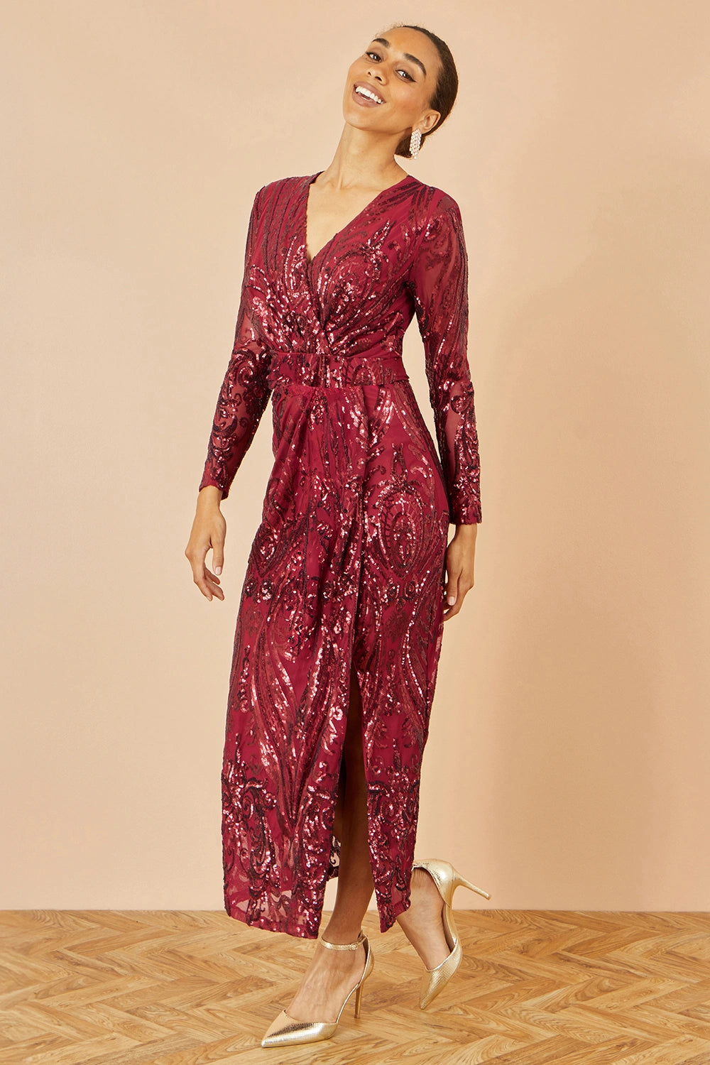 Yumi Women's Sequin Midi Long Sleeve Wrap Dress