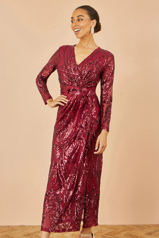 Yumi Red Sequin Midi Wrap Dress With Split Hemline And Long Sleeves Dress Party Yumi