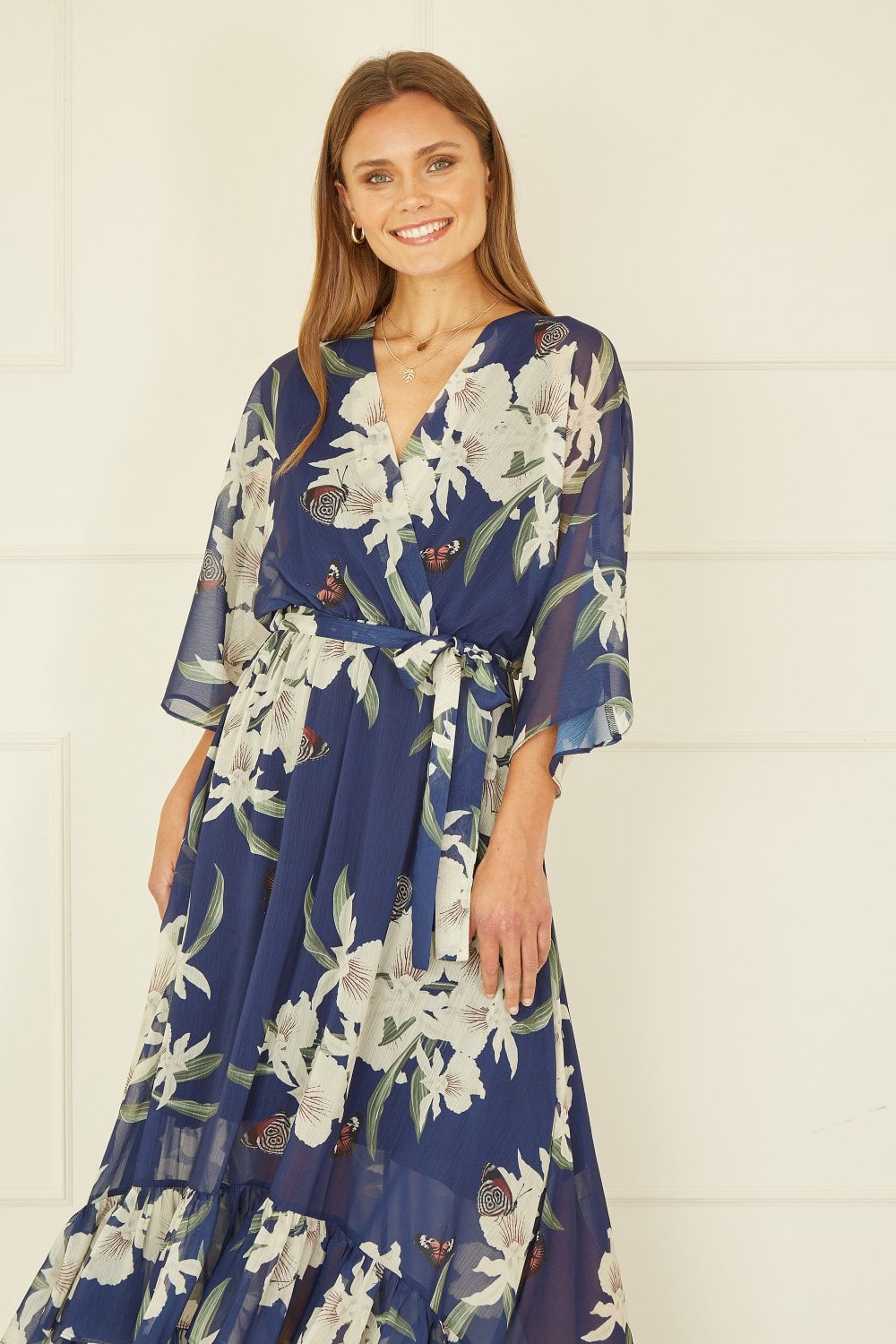 Navy Floral Kimono Sleeves Dip Hem Wrap Midi Dress Yumi