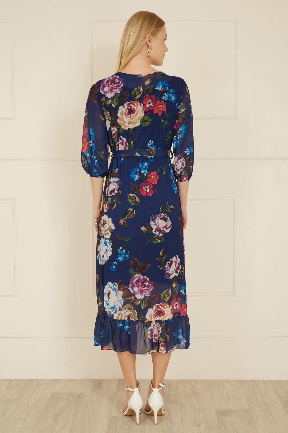 Yumi Navy Watercolour Dip Hem Midi Wrap Dress Yumi